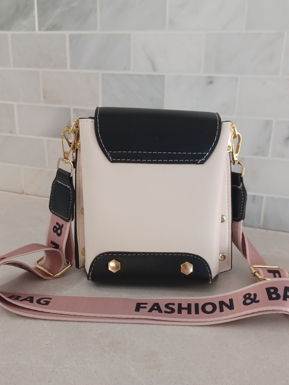 Black Cream Pink Diamond Crossbody Mini Box Bag Purse Removable Wide Strap - Picture 9 of 11
